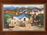 une peinture à l'huile représentant une scène de village avec un homme et un cheval