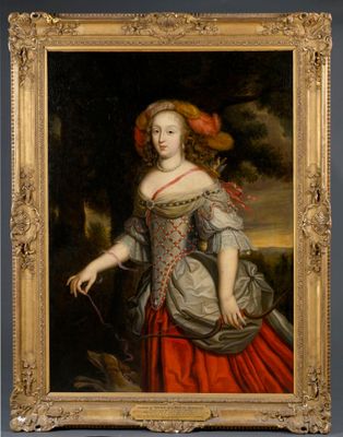 portrait d'une femme en robe rouge accompagnée d'un chien, dans un paysage