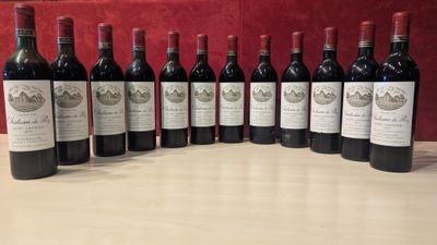 six bouteilles de vin rouge alignées sur une table en bois