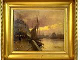 an oil painting of boats on a river with a sunset in the background