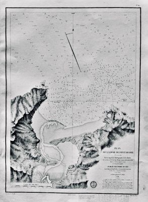 une vieille carte en noir et blanc représentant un lac survolé par un avion