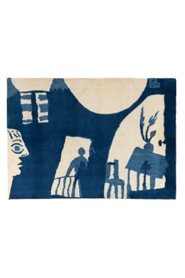 tapis bleu et blanc orné des silhouettes d'un homme et d'une femme