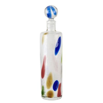 une image représentant une bouteille en verre ornée d'un motif coloré