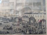 a picture of a painting of a harbor with people on it