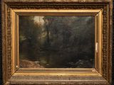 une peinture d'un paysage avec une rivière au premier plan