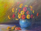 a painting of flowers in a blue vase on a table