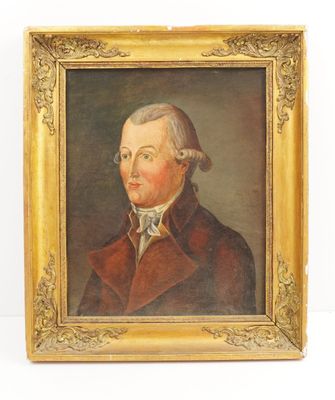 a painting of a man in a red coat and white hair