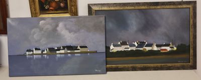 three paintings of houses on a shelf next to a painting