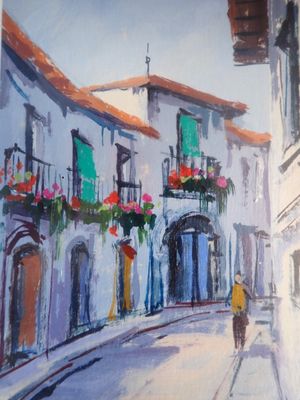 une peinture représentant une rue de la ville avec des voitures garées dessus