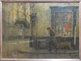 un tableau représentant un homme et un chien dans la rue