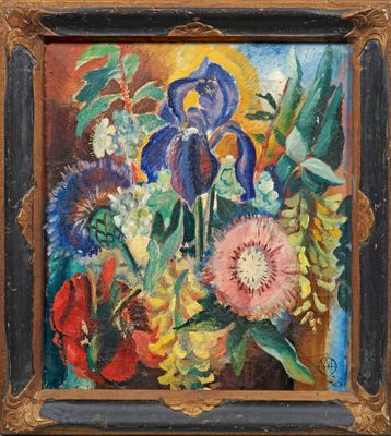 une peinture à l'huile représentant des fleurs dans un vase sur une table