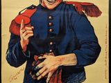 an old poster of a man in uniform holding a knife