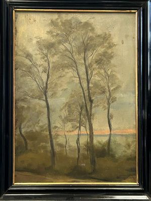 painting of a landscape with trees and a lake in the distance