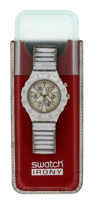montre-bracelet dans un boîtier rouge avec un cadran blanc