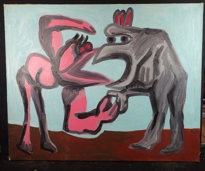 a painting of an elephant and a man on a table