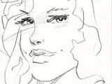 drawing of a woman ' s face with a sign above her head
