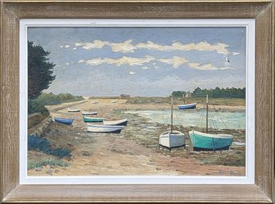 un tableau représentant des bateaux sur la rive, au bord de l'eau