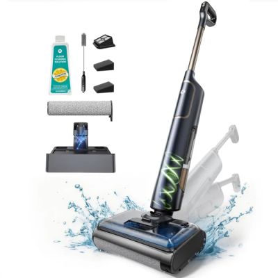 une image représentant un aspirateur sans fil accompagné d'un kit de nettoyage