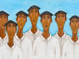painting of a group of men in white shirts and black hats