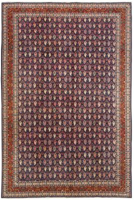 un tapis violet et rouge orné d'un motif en médaillon