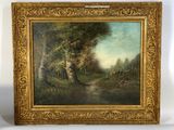 a painting of a wooded landscape with a path and trees