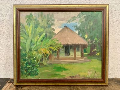 une peinture à l'huile représentant une petite cabane dans un décor tropical