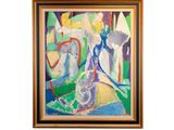 peinture représentant une peinture d'un vase posé sur une table dans une pièce