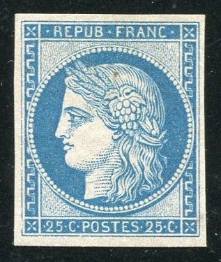 a blue and white stamp with a woman ' s face on it