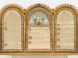 an image of a three paneled book with a picture of jesus on it