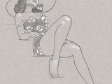 drawing of a woman in a bikini and hat sitting on the ground
