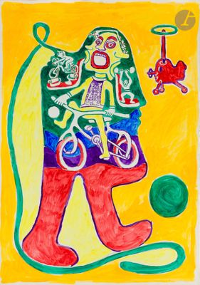 un tableau représentant un homme à vélo avec un chien et une pelote de laine