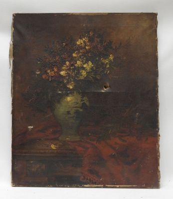 tableau représentant un vase de fleurs posé sur une table recouverte d'une nappe rouge
