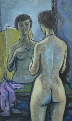 painting of a woman standing in front of a mirror looking at her reflection