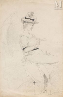 un vieux dessin représentant une femme assise sur une chaise, un parapluie à la main