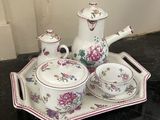 a picture of a tea set on a tray on a counter