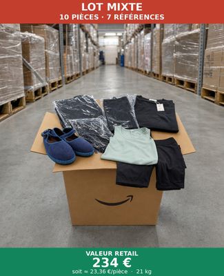 a box full of clothes sitting on top of a warehouse floor