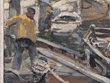 a painting of a man working on a boat in the water