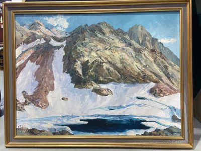 a painting of a mountain with a lake in the middle of it