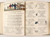 an open book with a drawing of people on it