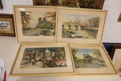 three framed pictures of a city and a bridge
