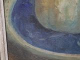 a painting of a vase on a blue plate on a table
