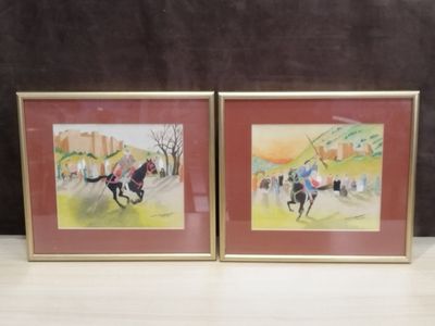 two framed pictures of a horse and rider in a field