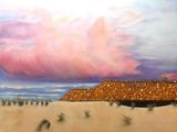 tableau représentant un paysage désertique avec un nuage rose dans le ciel