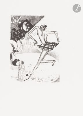 a black and white drawing of a woman with a tennis racket