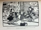 a black and white drawing of a woman and two children