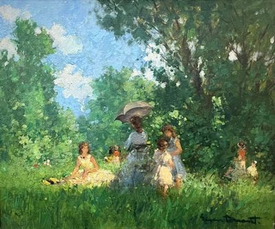 un tableau représentant un groupe de personnes assises dans l'herbe