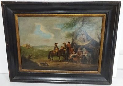 an oil painting of a group of people riding horses in a field