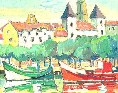 a painting of boats in a harbor with a church in the background