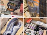 de nombreuses photos différentes représentant une boîte de nourriture et une paire de chaussures