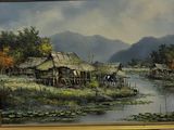 a picture of a painting of a village by the water